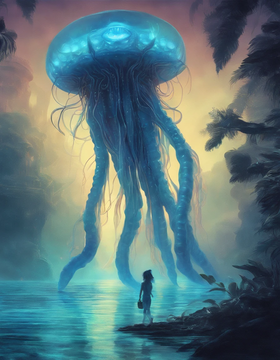 Walk, Hands and feet, Big eyes, Monster, (((Humanoid translucent alien creature))), Light, Blue light, ((Translucent jellyfish)), Ocean, Plants in the water,Rich in color