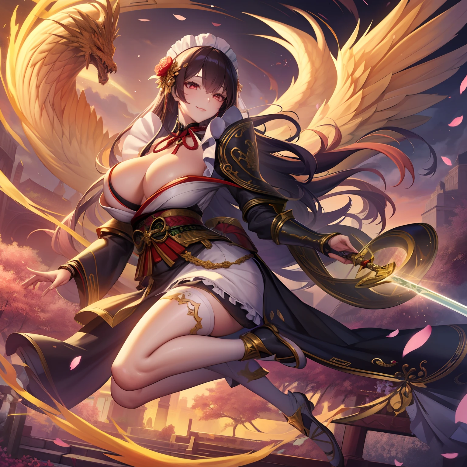 1girl in、nightcity、Sateen、Kimono without sleeves、A dark-haired、Holding a weapon with blood on it、Looking at the camera、Cherry blossoms are dancing,Unusually resistant、red blush、Looks distressed、Pleasant face、shrine maiden、valkyrie、Angel wings、a navel、sideboob barbosa、with an intricate、Particles of light、thighs thighs thighs thighs、shinny skin、Perfect litthing、1girl in、looking at the viewers、Winged headgear、pelvis curtain、A smile、(masterpiece)、(top-quality)、Very gigantic-breasts、maternal、Porcelain Skin、Very long hair、hair wavy、Royal sister,femele,A queen,putting on a crown,There are a lot of golden lightning around,sitting in a throne,Bangs cover the eyes,Black Suspender Socks,Black Lace Top,,High jump,Grab Erlang's leg,,Black Silk Top,married woman,mothers,domineering,smil,The corners of the mouth are raised,Red and gold eyes,Black silk erotic underwear,Black top,Black Silk Gloves,I have a gorse tattoo on my chest and thigh,There are many golden dragon scales on the arms,There are many golden dragon scales on the neck,Bright eye,dragon eyes,Snake's Eye,Upright pupils,There are golden stripes on the clothes,There is a golden pattern on the clothes,The socks have a golden pattern,tall figure,Expose the outside of the chest,Twisted blade hanging over the shoulder,Larger breasts ,With elongated dragon horns,Giant Golden Dragon Wings,Giant Golden Dragon Wings,Huge golden dragon wings as big as a body,The body is covered with huge golden dragon wings,golden pupils,Just a pair of wings,large wings,The biggest dragon wings,The biggest dragon wings,There are golden scales on the neck,Fingers are golden dragon claws,The elongated tail of the golden dragon、1girl in、nightcity、Sateen、Kimono without sleeves、A dark-haired、Holding a weapon with blood on it、Looking at the camera、Cherry blossoms are dancing,Strong best quality, (Extremely detailed: 1.5), masutepiece, 超A high resolution,(photographrealistic:1.4), 1 beautiful girl, Cowboy Shot, (Wear battle armor:1.4), (Wear battle ar