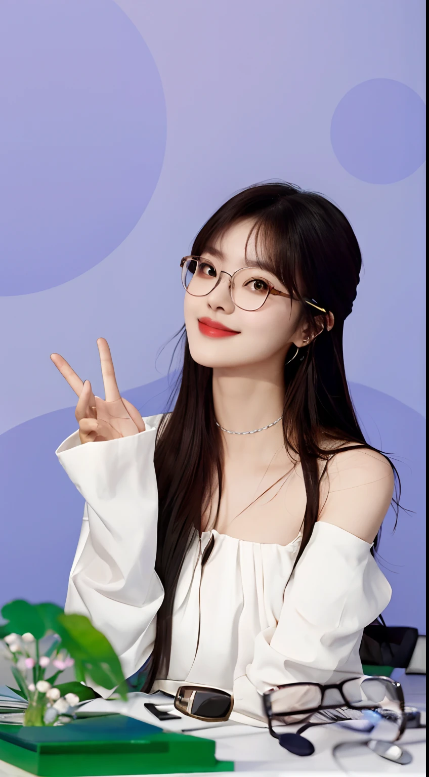 araffe woman with glasses and a white top sitting at a table, jaeyeon nam, park ji-min, jinyoung shin, bae suzy, lee ji-eun, lee ji - eun, with glasses, wearing thin large round glasses, hwang se - on, portrait of female korean idol, heonhwa choe, li zixin, Best picture quality, masterpiece, ultra high resolution, 8k, cleavage, big boobs, bust detail, hair detail, eye detail, sharp eyes, thin smile, professional lighting