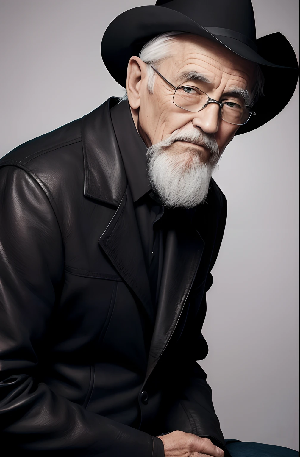 with a goatee，Old gentleman in black riding boots，Show off his boots，The light source is in the upper left corner。