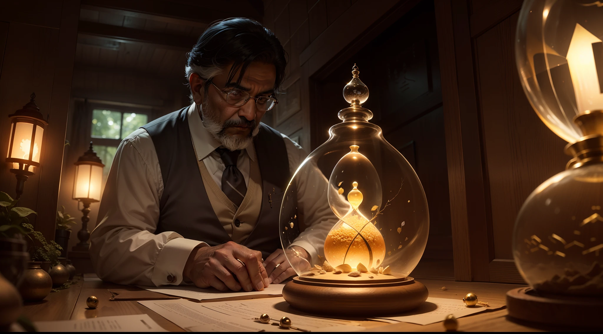 Prompt: In a secluded cottage perched on the edge of a mystical forest, Mr. Gupta, a wise sage, holds an ancient hourglass filled with shimmering grains of sand. As the last few grains fall gently, he gazes into its depths, contemplating the passage of time and the secrets it holds. One day, a curious visitor stumbles upon Mr. Gupta's cottage and becomes intrigued by the enigmatic hourglass. What revelations and transformative journeys will unfold as this visitor delves into the mysteries of the hourglass and seeks to understand the wisdom it holds?