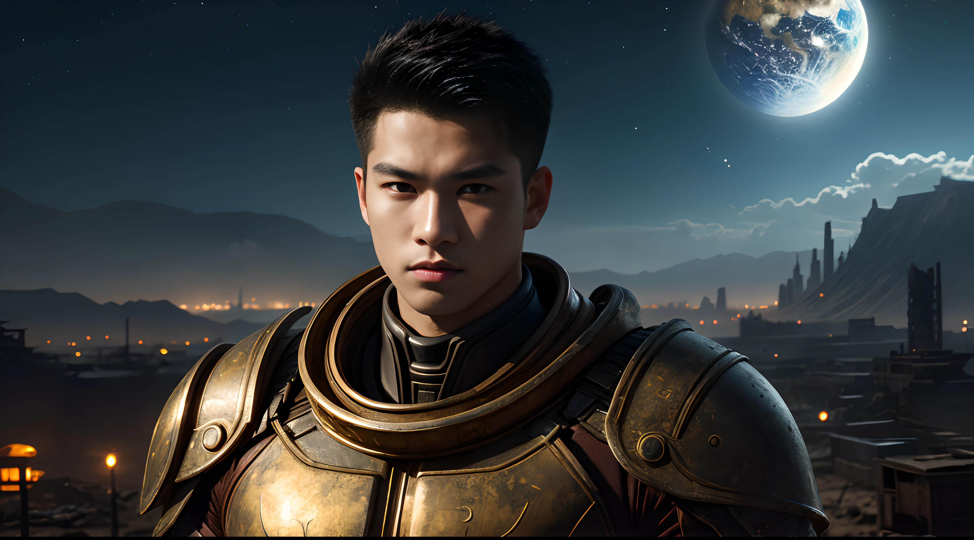 A teenager,oriental face,male people,Handsome face, shadowing, Supergianthugebreasts_Detailed, 16k,EXTREMELY CLEAR, photore, Sharp focus, hdr,tmasterpiece、Need、1 Male god、Handsome、年轻、Symmetrical muscles、dark themes、Dark Planet、、Fantastic landscape, Starlight around the character, (The upper part of the body),Close-up Shot Shot,Wasteland City,Apocalyptic cities