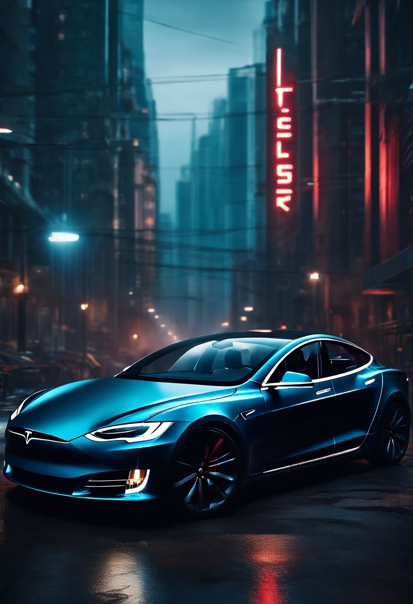 Cyberpunk-city, Tesla 3 body, Tesla logo, Tesla wheels, Drive on the road, Side, Ultra HD, High quality, High detail, Best quality, A high resolution, 4K, Masterpiece, Complementary colors, Poster effect, kanon, Atmospheric distance
