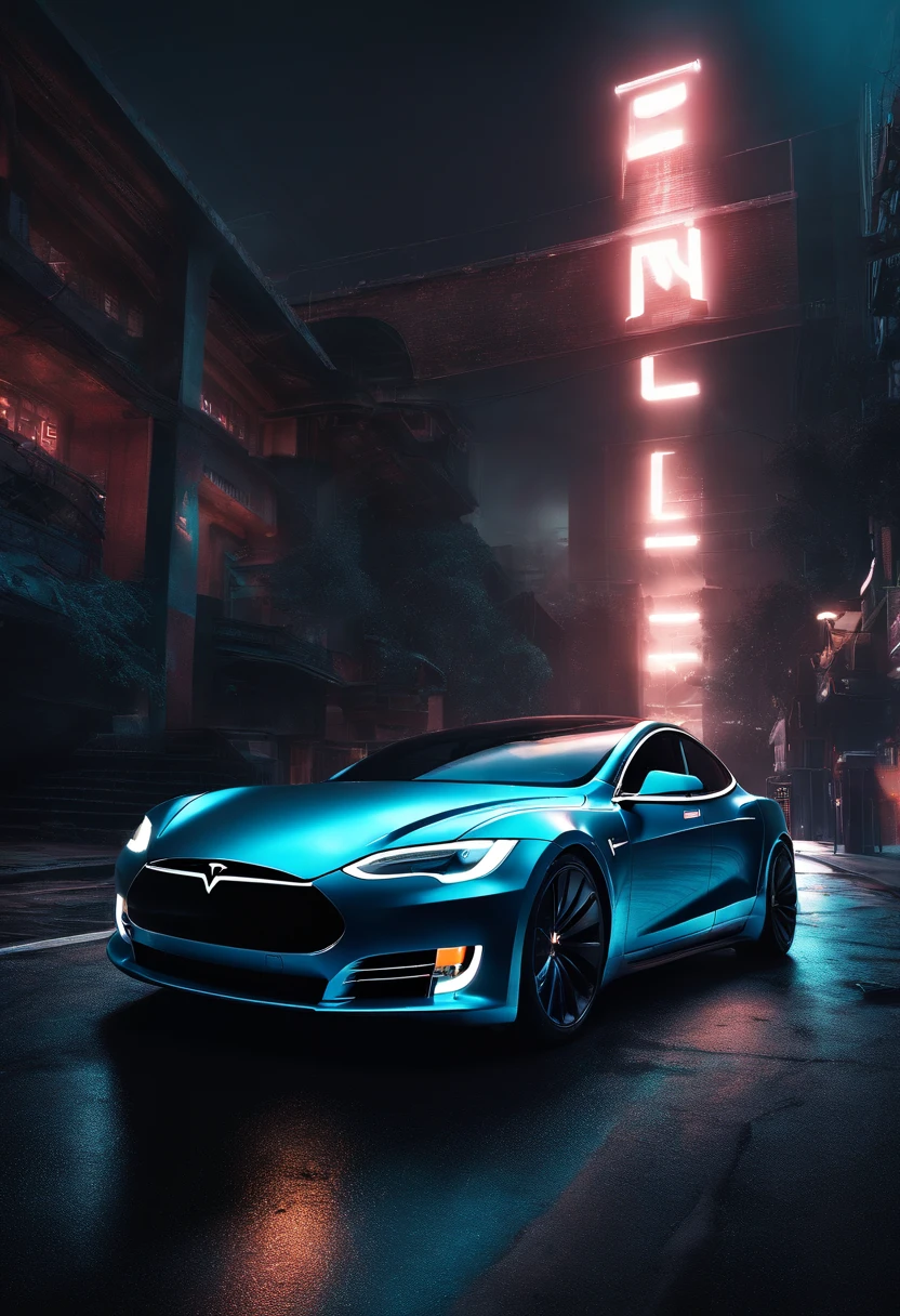 Cyberpunk-city, Tesla 3 body, Tesla logo, Tesla wheels, Drive on the road, Side, Ultra HD, High quality, High detail, Best quality, A high resolution, 4K, Masterpiece, Complementary colors, Poster effect, kanon, Atmospheric distance