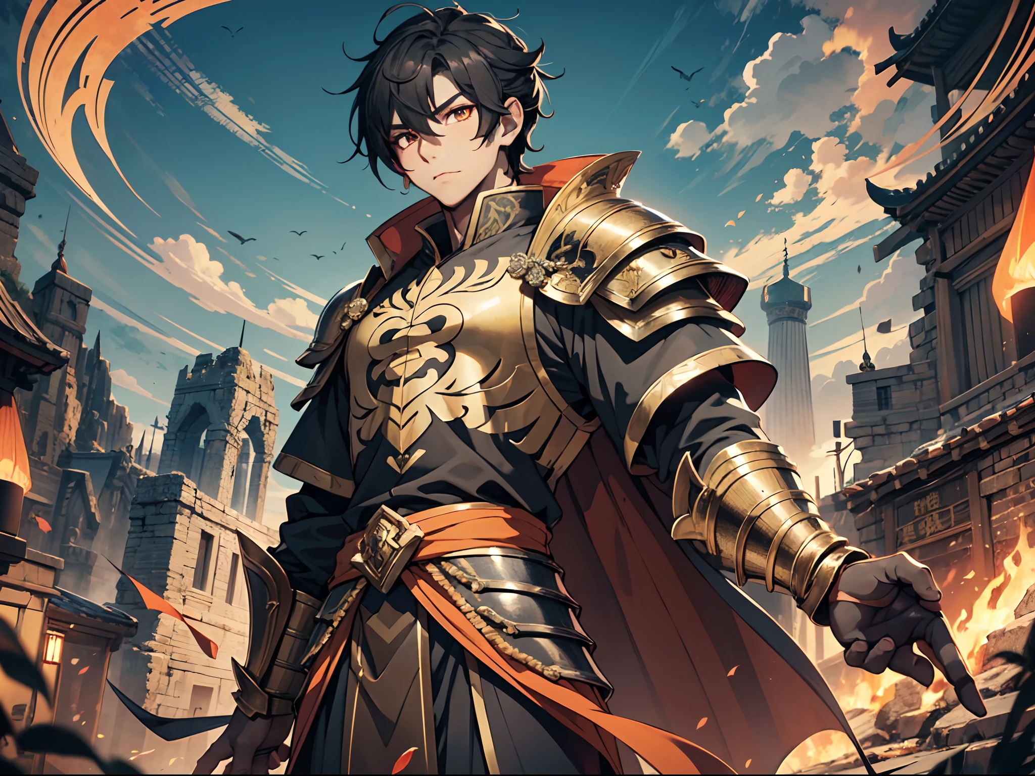 Ultra High Definition, Ultra High Quality, Extremely Detailed, Perfectly Detailed, Masterpiece, 8k, 1 Boy, Look A Like Xin From Kingdom Anime, Handsome, Armored With Chinese Emperor Armor, Black And Orange Pupil Eyes, Black Long Hair Tied, Full Body Shot, Ancient Kingdom Background