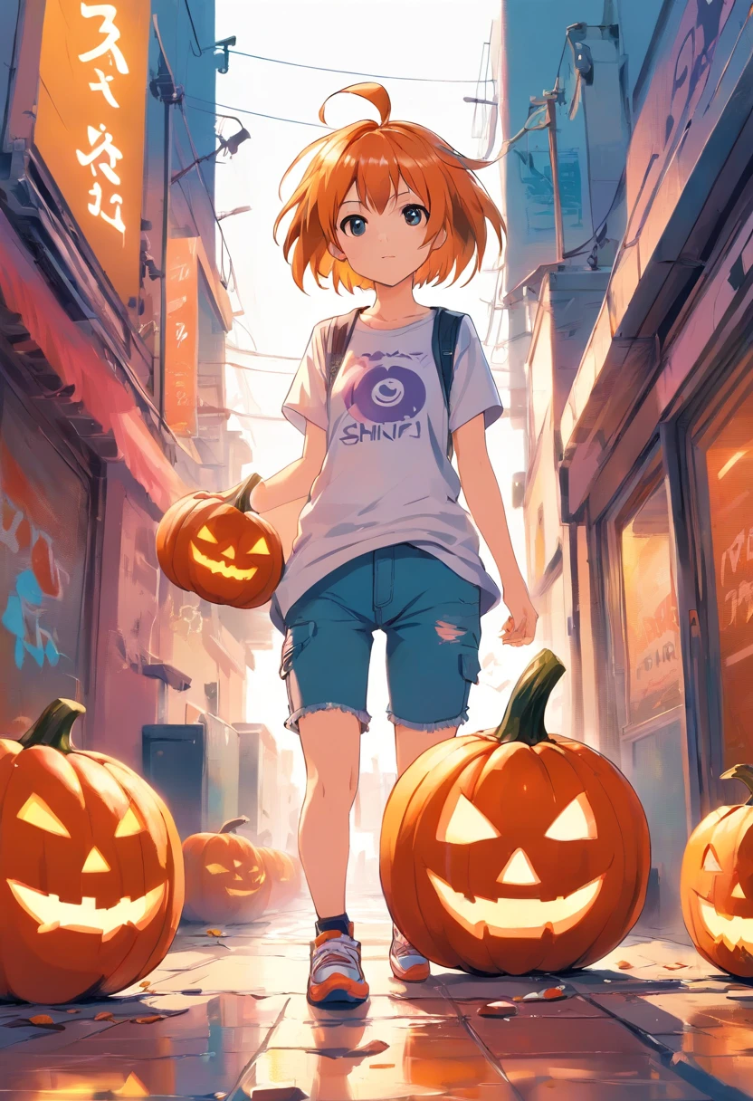 vector t-shirt art ready to print colorful graffiti illustration of full body a Halloween pumpkin, cute, action shot, vibrant color, punk, high detail, white background