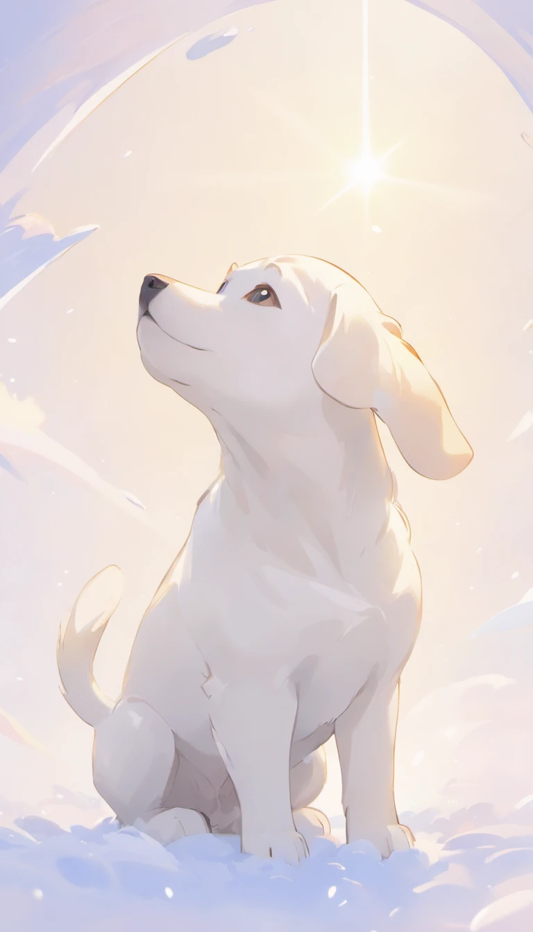 Ultra HD 3D showing touching scene of a white Labrador retriever.  White Labrador Hound, Beautiful rendering details. The overall atmosphere is gentle, Full of hope and tranquility. White background,