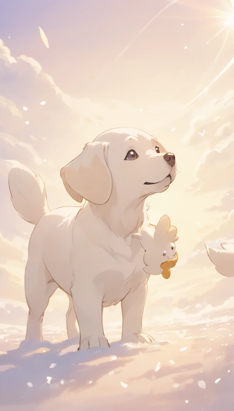Ultra HD 3D showing touching scene of a white Labrador retriever. White Labrador Hound, Beautiful rendering details. The overall atmosphere is gentle, Full of hope and tranquility. White background,