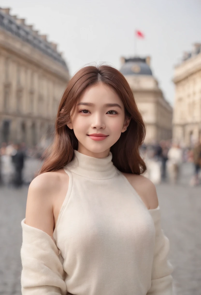 (8K、top-quality、masterpiece:1.2)、 (realisitic、Photorealsitic:1.37)、 ultra-detailliert、DJ Soda、 1 girl in、full body Esbian、Wearing a turtleneck sweater and skinny jeans、Stand in the streets of Paris with the Arc de Triomphe in the background、 cute little、独奏、 Beautiful detailed sky、 (A smile:1.15)、(Mouth closed)、 tiny chest、 beatiful detailed eyes、 (length hair:1.2)、 Floating Hair Novafrog Style、