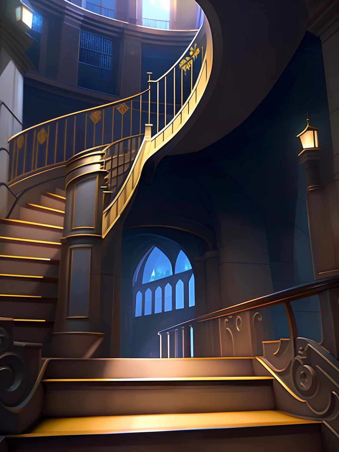 there is a staircase leading to a set of stairs in a building, stairways, Hogwarts Stairwell, stairways, stairway to heaven, staircase, stairways, background artwork, Anime background art, concept art magical highlight, in style of digital painting, calm evening. Digital illustration, 1 staircase, interior background art, coming down the stairs, Inspired by Joseph Wright of Derbyshire