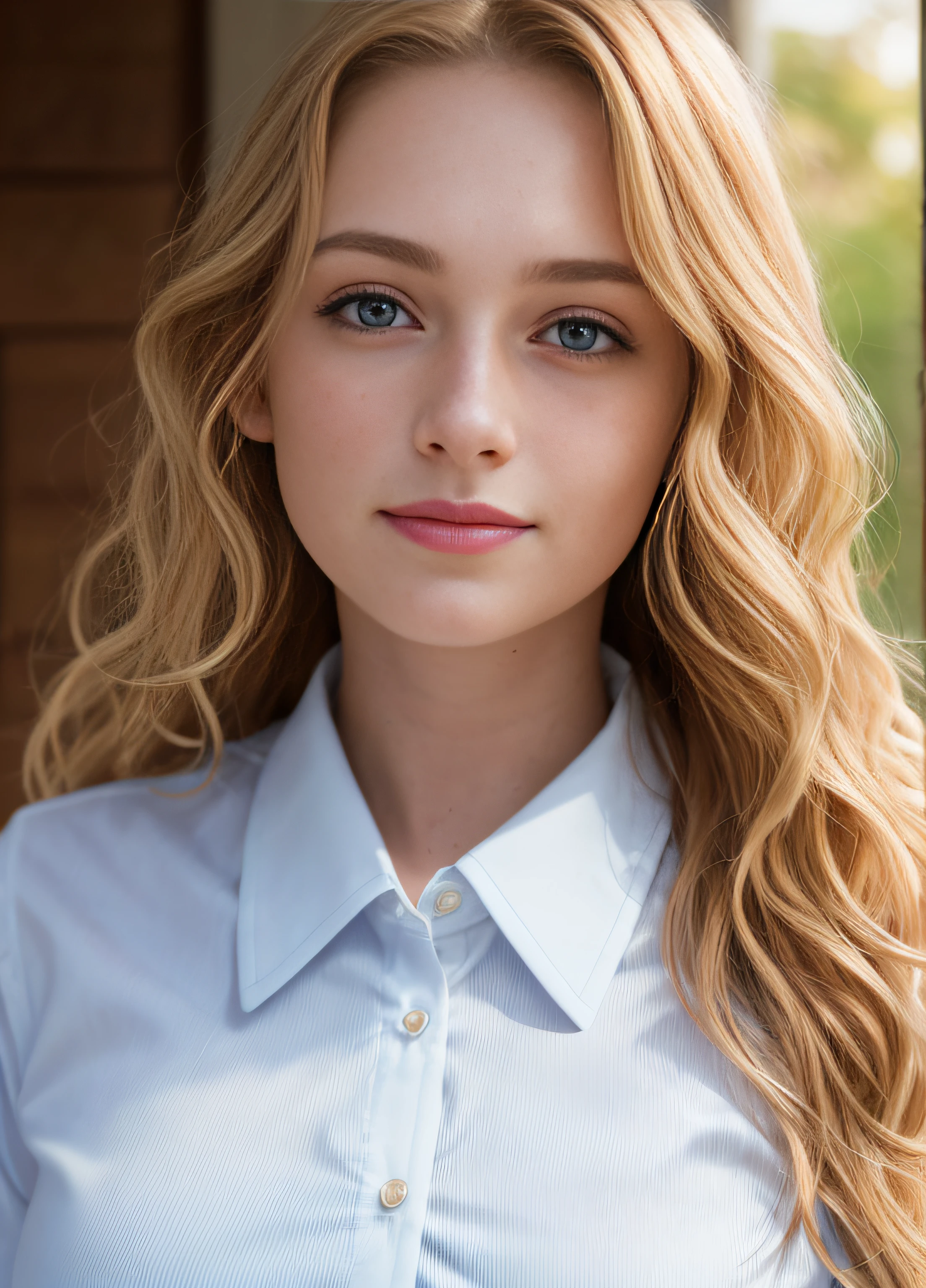 masterpiece, realistic, detailed eyes, beautiful, looking at the viewer, natural lighting, depth of field, film grain, wrinkled skin, 18yo, female, solo, wavy long blonde hair, blue eyes, white, Big breasts, formal shirt, freckles, smile, lips, upper body, Portrait, Close-up, Front view, Exterior
