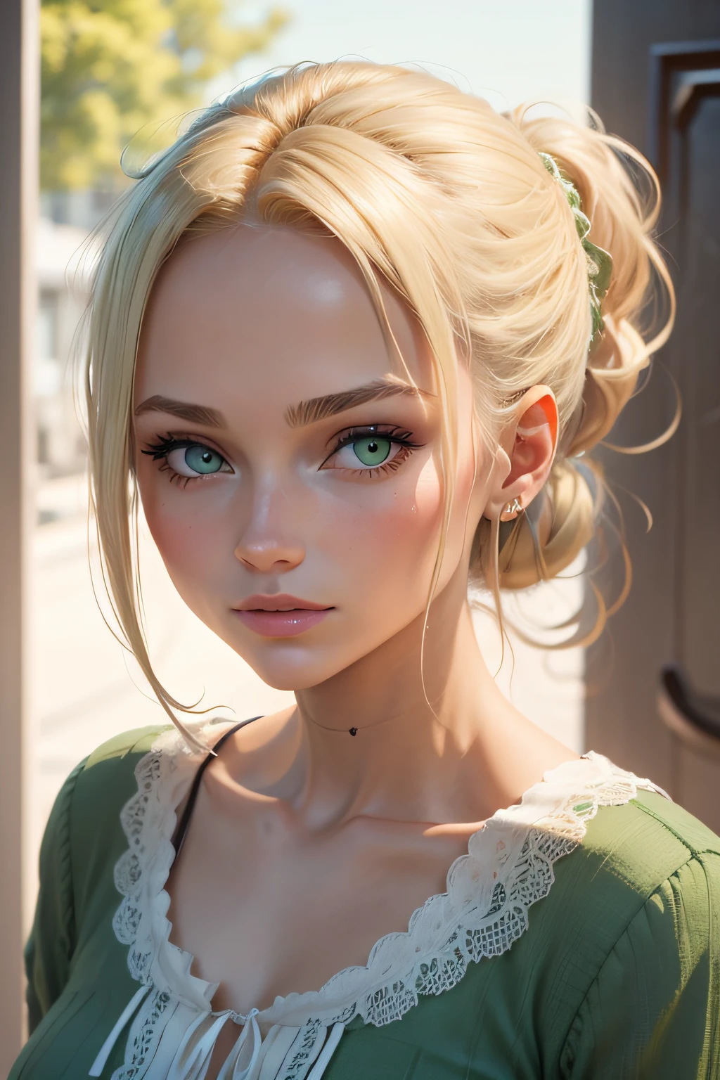 vue de face, femme Blonde, hair tied up, yeux vert,