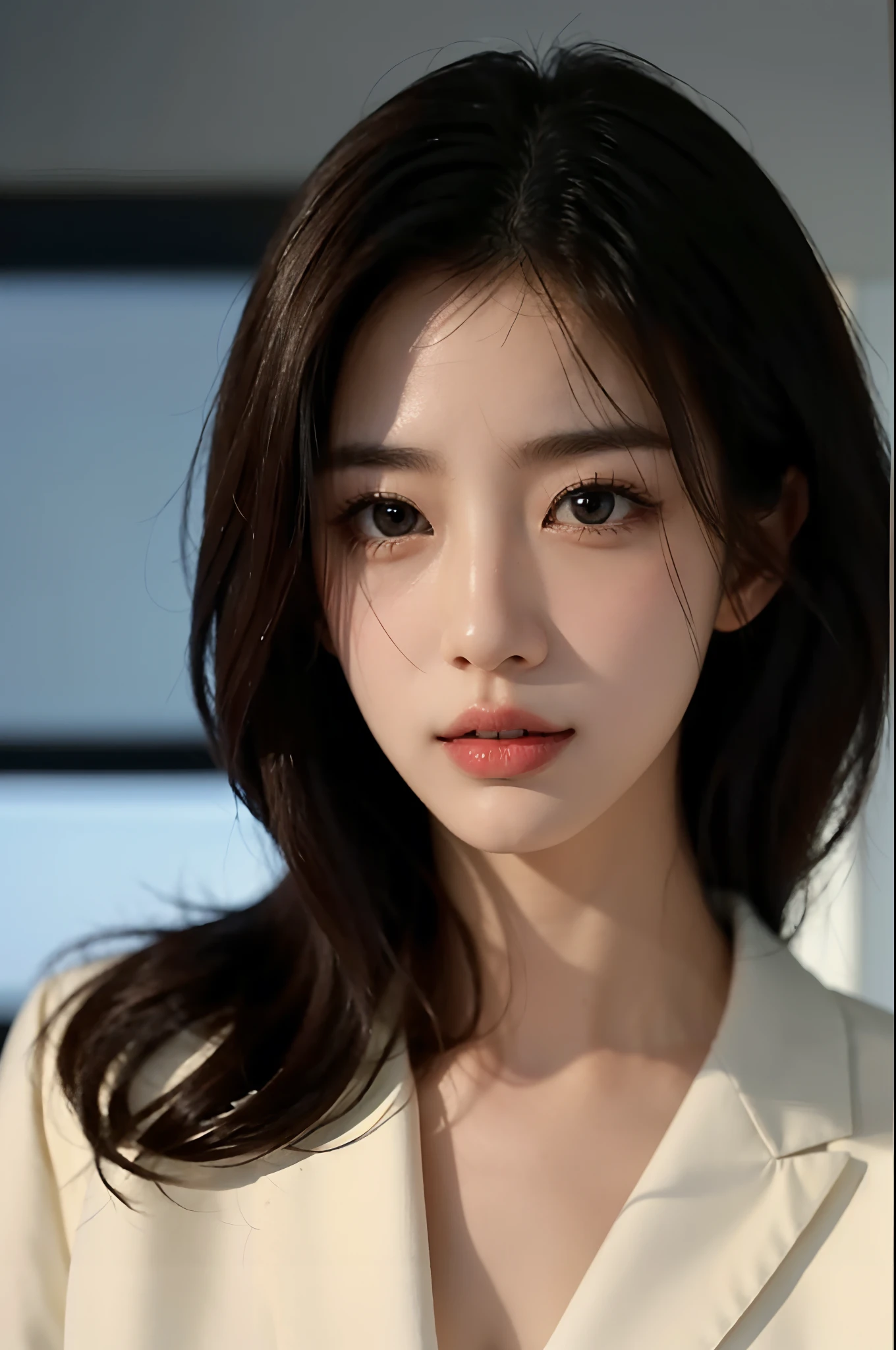 High-res, Realistic portrait of professional korean office lady with perfect skin，Professional suits，Women's suits，stand posture，The upper part of the body，Women in the workplace，Show confidence and maturity, Surrounded by a modern corporate environment, Vibrant and naturally lit highlights. The artwork should emphasize her elegant facial features, Including charming long eyes, Fluttering eyelashes and seductive lips. The scene should be enhanced with elements of professionalism and visual appeal，For example, Stylish work desk, Mainframe computers, High-resolution display, and complex stationery. The overall tone should be warm and professional, Has a soft and natural color palette. The artwork should exude a sense of professionalism, Success, and cultural pride，The background is blurred out