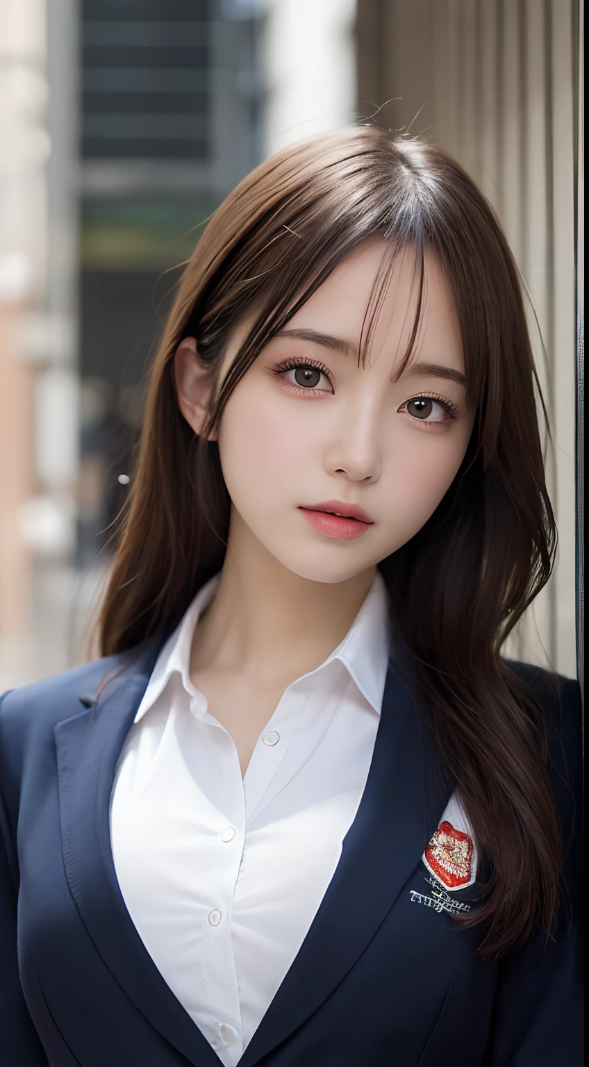 masutepiece, Best Quality, Illustration, Ultra-detailed, finely detail, hight resolution, 8K Wallpaper, Perfect dynamic composition, Beautiful detailed eyes, Natural Lip,Blazer ,School uniform, Big breasts, Full body