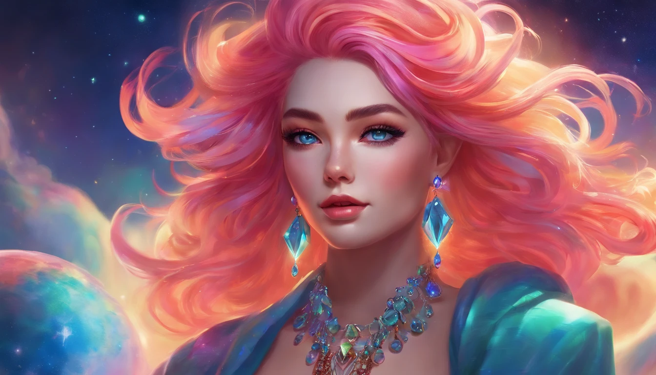 Full body close-up of a woman with colorful hair and necklace, anime girl with cosmic hair, rossdraws pastel vibrant, Guviz-style artwork, Fantasy art style, Colorful]”, vibrant fantasy style, rossdraws cartoon vibrant, cosmic and colorful, Guviz, colorfull digital fantasy art, stunning art style, Beautiful anime style，Full body like，