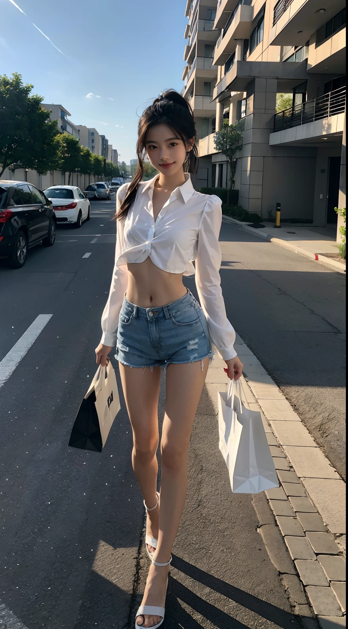 ((Small underboob)), (shoulder-length straighthair: 1.2), Black hair,Short ponytail，（Extremely meticulous CG 8k wallpaper），（Extremely refined and beautiful），（Masterpiece），（best qualtiy：1.0），（Ultra High Resolution：1.0），beautiful light up，Perfect lightning，realistic shaded，[A high resolution]，Smooth and flawless fair skin，Extremely exquisite facial details，（perfect body：1.1），ultra - detailed，A beautiful girl，small head，(Small breasts:1.1)，Flat chests，slim，thin，Smile，cheerfulness，（white collared long sleeved shirt:1.1），（blue shorts：1.1），White sandals，Summer，Morning, the sunshine of the rising sun, At the entrance of the residential community in high-rise apartments，walking，Carrying a shopping paper bag，Close Shot，The trees make a pleasant shade，Several cars are parked on the roadside