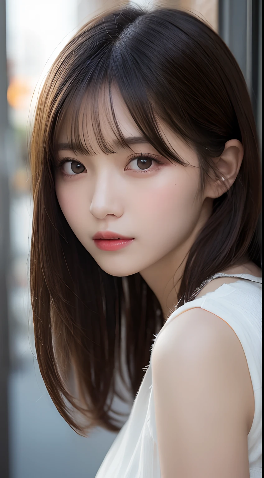 finely detailled, A high resolution, high high quality、Perfect dynamic composition, 美丽细致的眼睛, Medium hair, small tit、Natural color lips,Shangming、Shibuya、college aged、1人、Clear skin、glowing hairs、On the table, Best quality at best, illustratio, ultra - detailed, finely detailled, A high resolution, 8K、The correct state of the human body