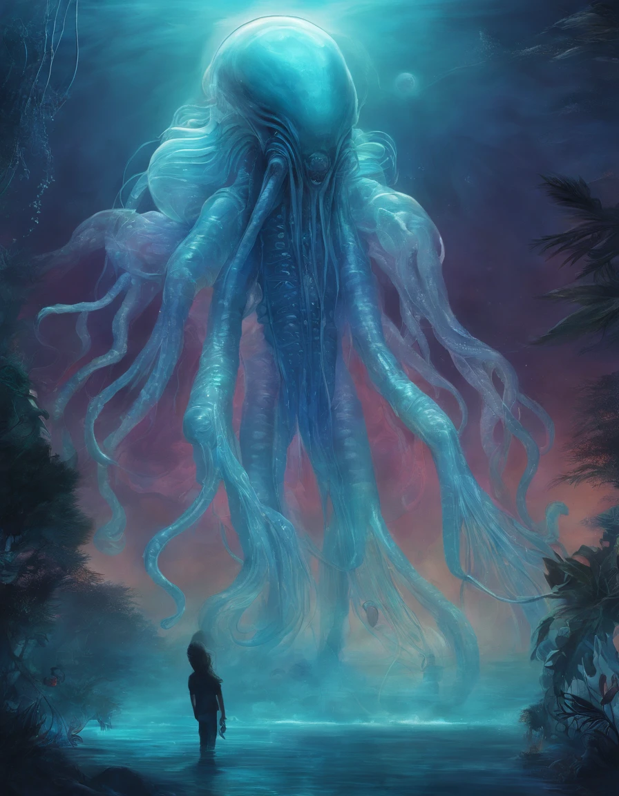 Walk, Hands and feet, Big eyes, Monster, (((Humanoid translucent alien creature))), Light, Blue light, ((Translucent jellyfish)), Ocean, Plants in the water,Rich in color