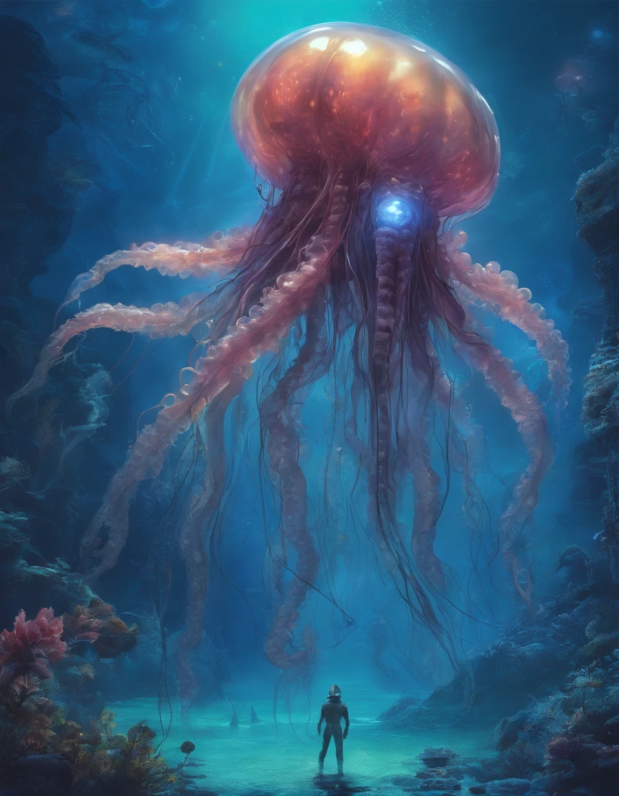 Walk, Hands and feet, Big eyes, Monster, (((Humanoid translucent alien creature))), Light, Blue light, ((Translucent jellyfish)), Ocean, Plants in the water,Rich in color