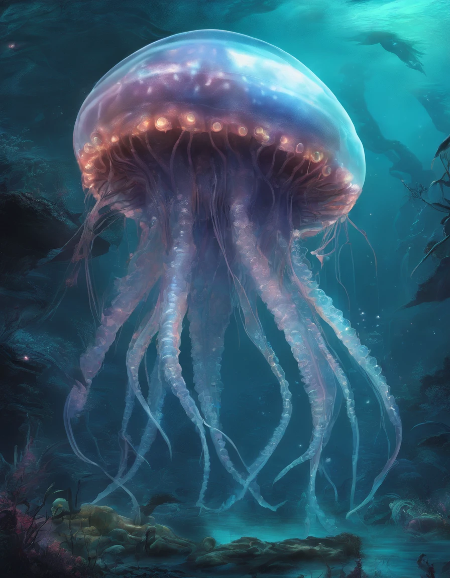 Walk, Hands and feet, Big eyes, Monster, (((Humanoid translucent alien creature))), Light, Blue light, ((Translucent jellyfish)), Ocean, Plants in the water,Rich in color