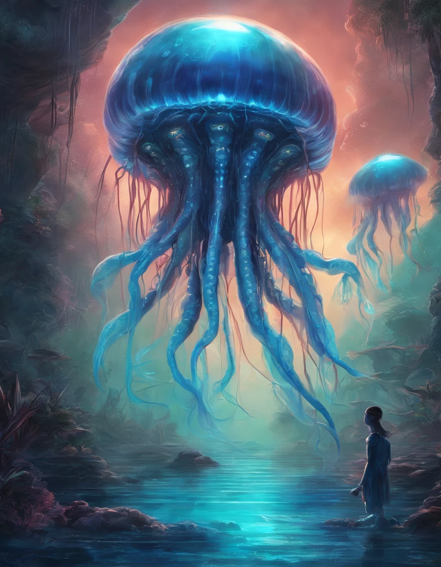 Walk, Hands and feet, Big eyes, Monster, (((Humanoid translucent alien creature))), Light, Blue light, ((Translucent jellyfish)), Ocean, Plants in the water,Rich in color
