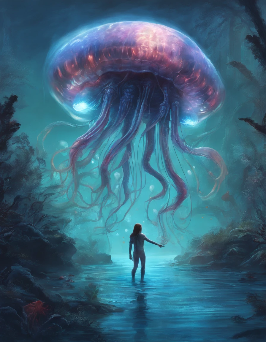 Walk, Hands and feet, Big eyes, Monster, (((Humanoid translucent alien creature))), Light, Blue light, ((Translucent jellyfish)), Ocean, Plants in the water,Rich in color