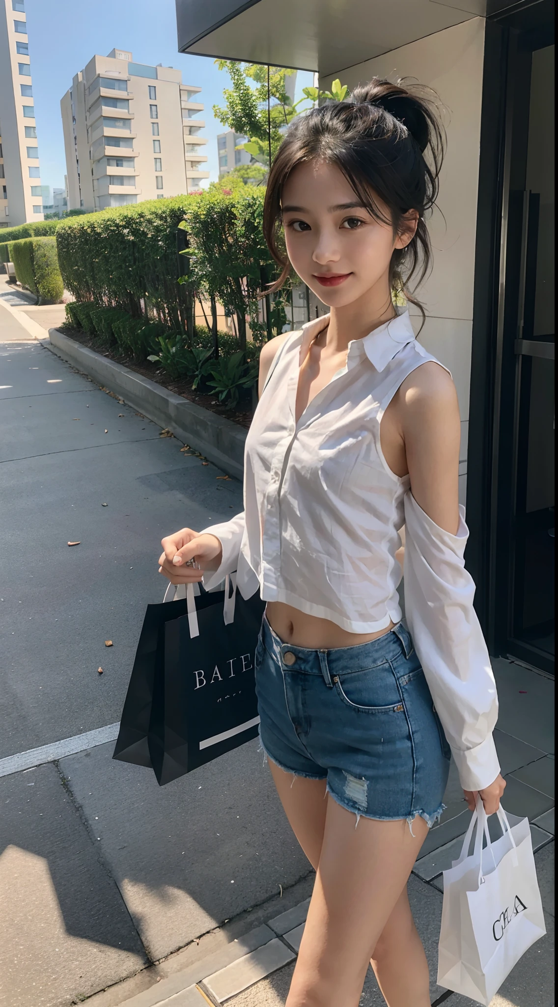 ((Small underboob)), (shoulder-length straighthair: 1.2), Black hair,Short ponytail，（Extremely meticulous CG 8k wallpaper），（Extremely refined and beautiful），（Masterpiece），（best qualtiy：1.0），（Ultra High Resolution：1.0），beautiful light up，Perfect lightning，realistic shaded，[A high resolution]，Smooth and flawless fair skin，Extremely exquisite facial details，（perfect body：1.1），ultra - detailed，A beautiful girl，small head，(Small breasts:1.1)，Flat chests，slim，thin，Smile，cheerfulness，（white collared long sleeved shirt:1.1），（blue shorts：1.1），White sandals，Summer，Morning, the sunshine of the rising sun, At the entrance of the residential community in high-rise apartments，walking，Carrying a shopping paper bag，Close Shot，The trees make a pleasant shade，Several cars are parked on the roadside