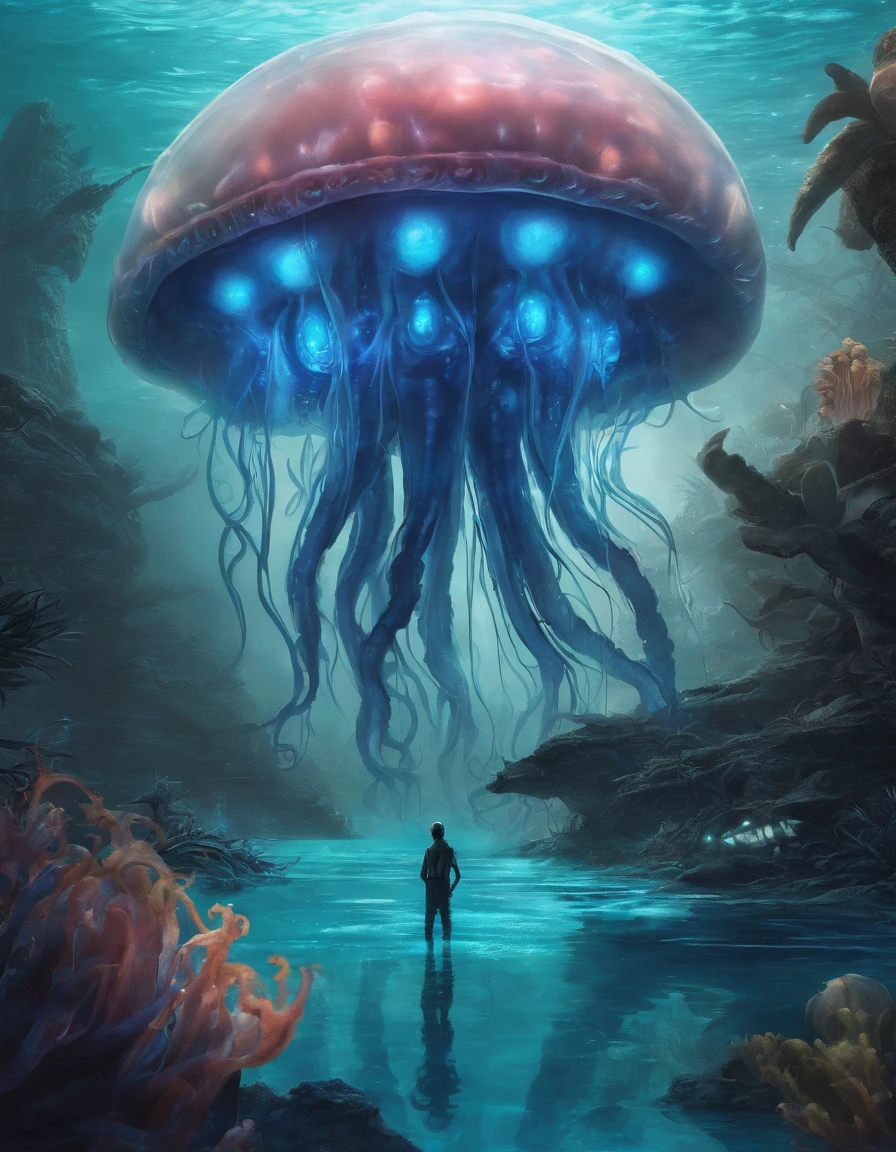 Walk, Hands and feet, Big eyes, Monster, (((Humanoid translucent alien creature))), Light, Blue light, ((Translucent jellyfish)), Ocean, Plants in the water,Rich in color