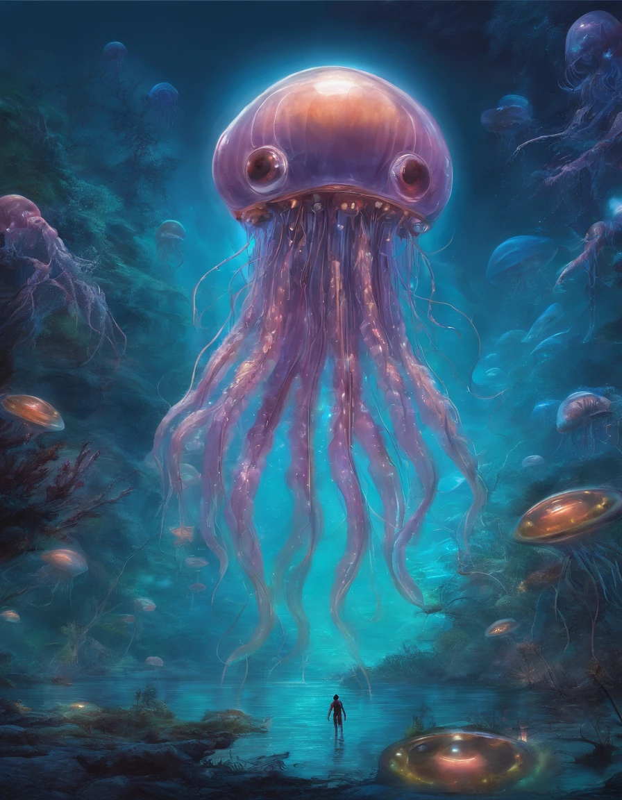 Walk, Hands and feet, Big eyes, Monster, (((Humanoid translucent alien creature))), Light, Blue light, ((Translucent jellyfish)), Ocean, Plants in the water,Rich in color