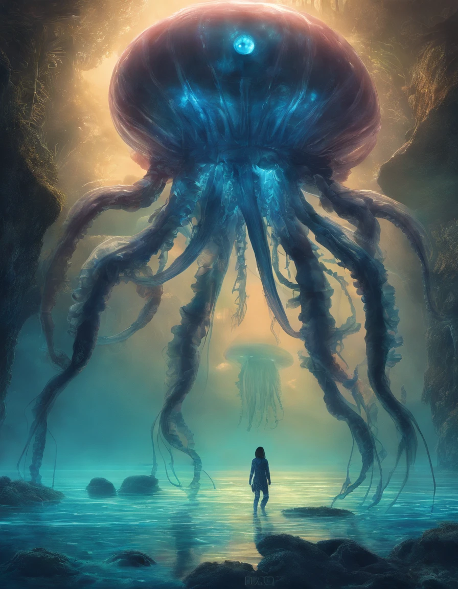 Walk, Hands and feet, Big eyes, Monster, (((Humanoid translucent alien creature))), Light, Blue light,, Ocean, Plants in the water,Rich in color