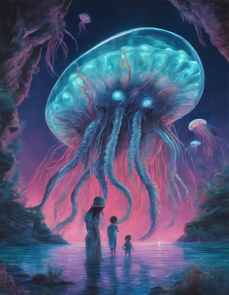 walking, hands and feet, big eyes, water monsters, (humanoid), light, blue light, jellyfish, ocean, aquatic plants