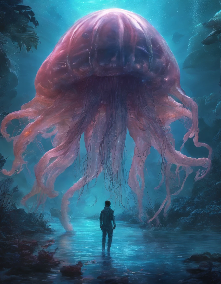 Walk, Hands and feet, Big eyes, Monster, (((Humanoid translucent alien creature))), Light, Blue light, ((Translucent jellyfish)), Ocean, Plants in the water,Rich in color