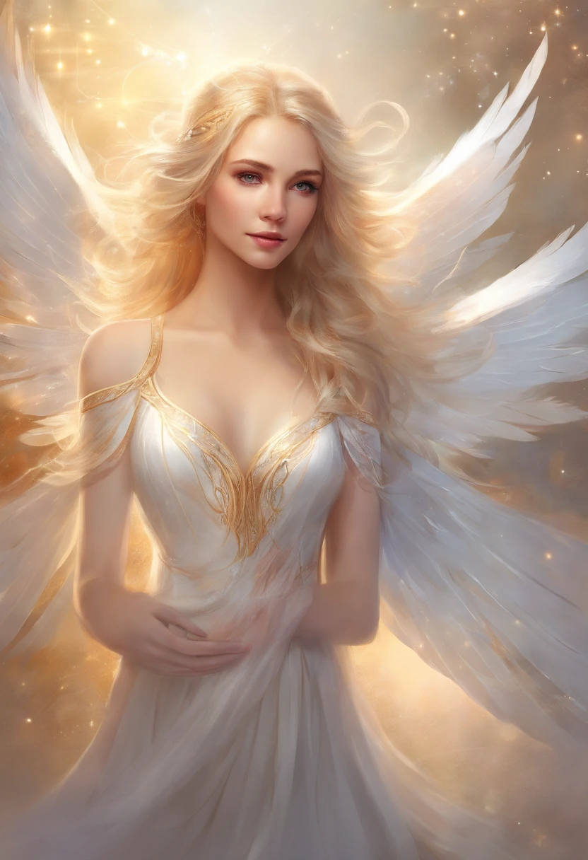A beautiful girl with sparkling white wings like an angel and golden hair
