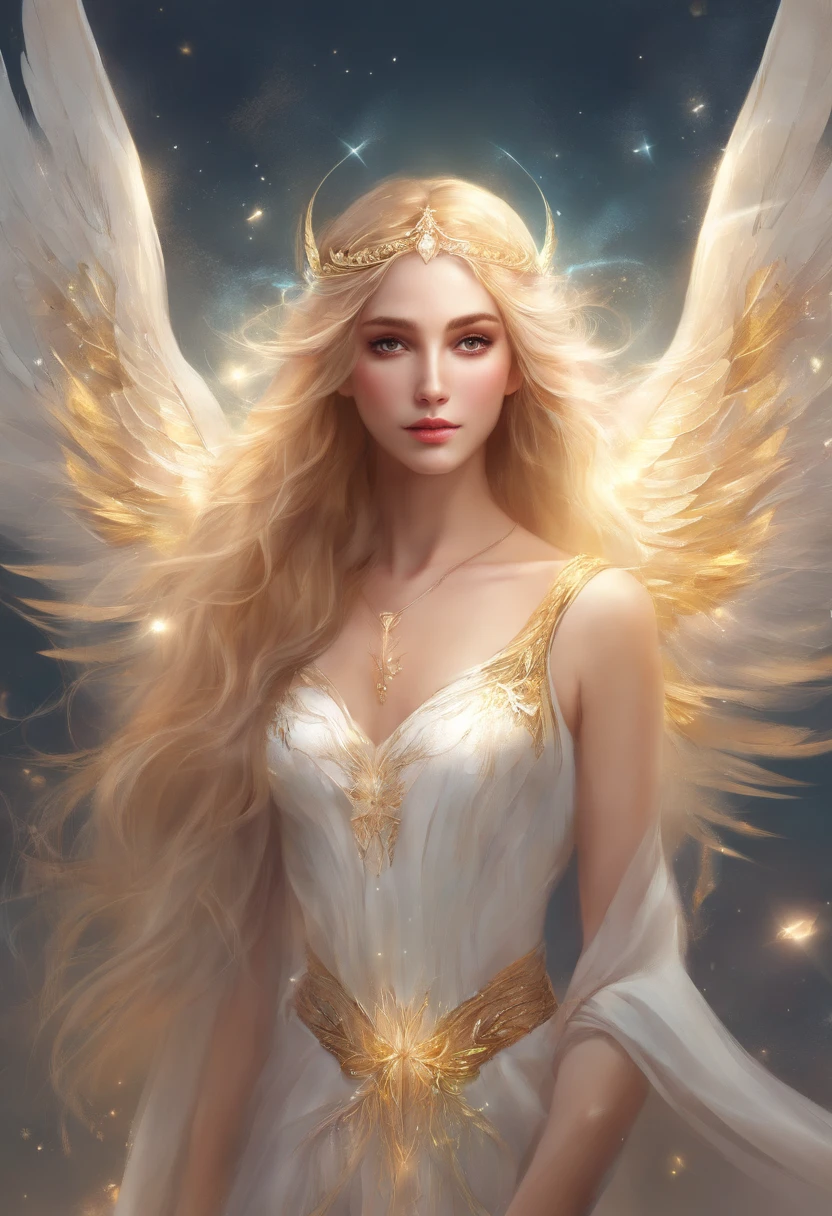 A beautiful girl with sparkling white wings like an angel and golden hair