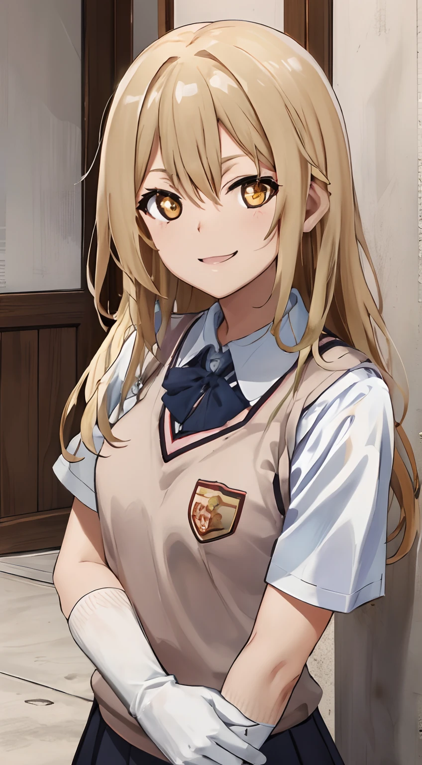 Misaki Shokuhou, Misaki Shokuhou, Blonde hair, hair between eye, Long hair, 
Break Elbow Gloves, gloves, School uniform, Short sleeves, Summer uniform, Sweater Vest, Tokiwadai School Uniform, White Gloves,,Yellow eyes
Take a break indoors, crass room,Best Quality, High resolution, Unity 8k壁纸,  extra detailed face, Perfect Lighting,japanes、a junior high school student、cute little、A smile、cowboy  shot