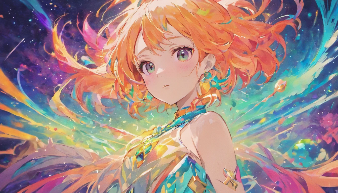 Full body close-up of a woman with colorful hair and necklace, anime girl with cosmic hair, rossdraws pastel vibrant, Guviz-style artwork, Fantasy art style, Colorful]”, vibrant fantasy style, rossdraws cartoon vibrant, cosmic and colorful, Guviz, colorfull digital fantasy art, stunning art style, Beautiful anime style，Full body like，