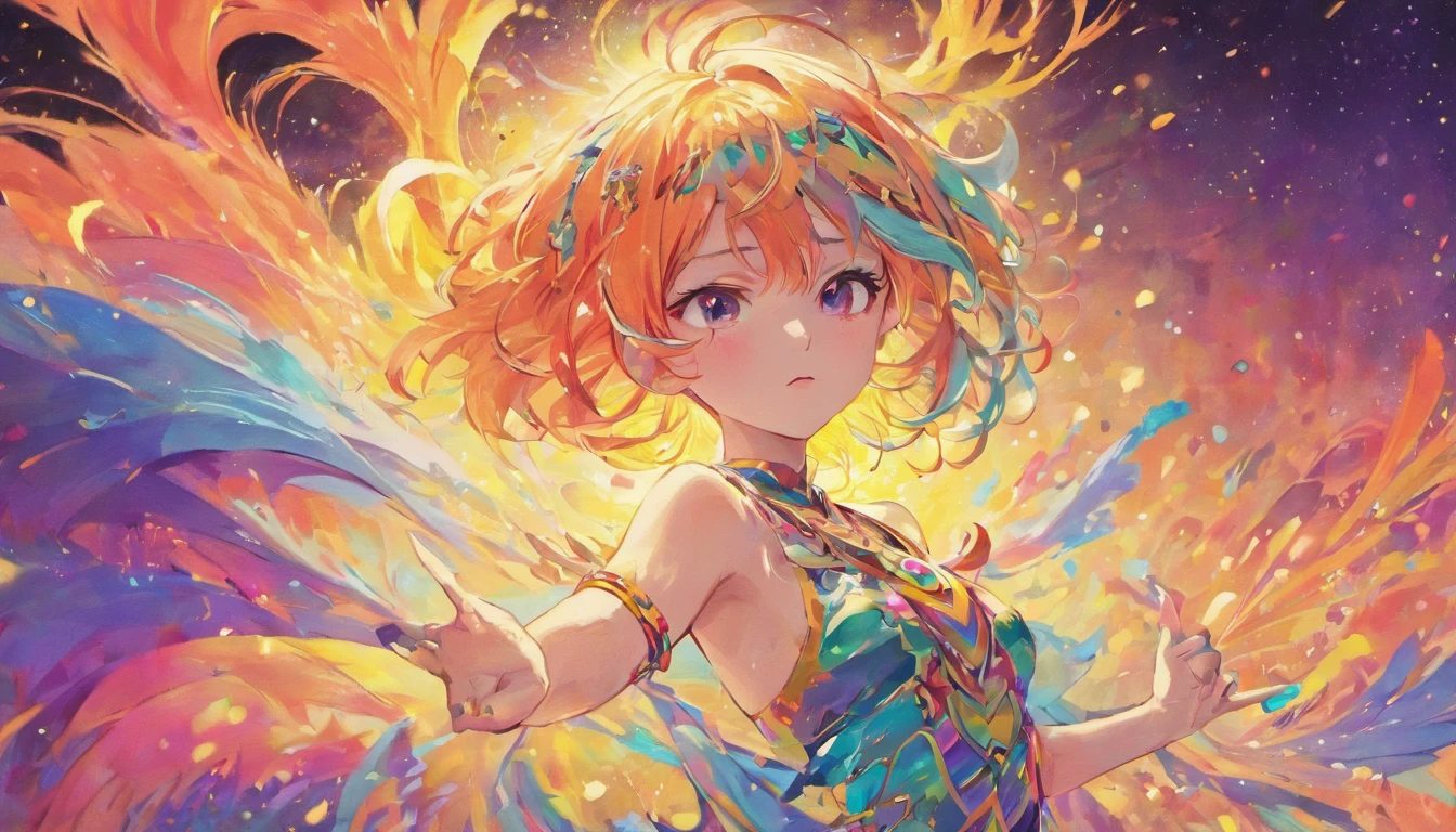 Full body close-up of a woman with colorful hair and necklace, anime girl with cosmic hair, rossdraws pastel vibrant, Guviz-style artwork, Fantasy art style, Colorful]”, vibrant fantasy style, rossdraws cartoon vibrant, cosmic and colorful, Guviz, colorfull digital fantasy art, stunning art style, Beautiful anime style，Full body like，