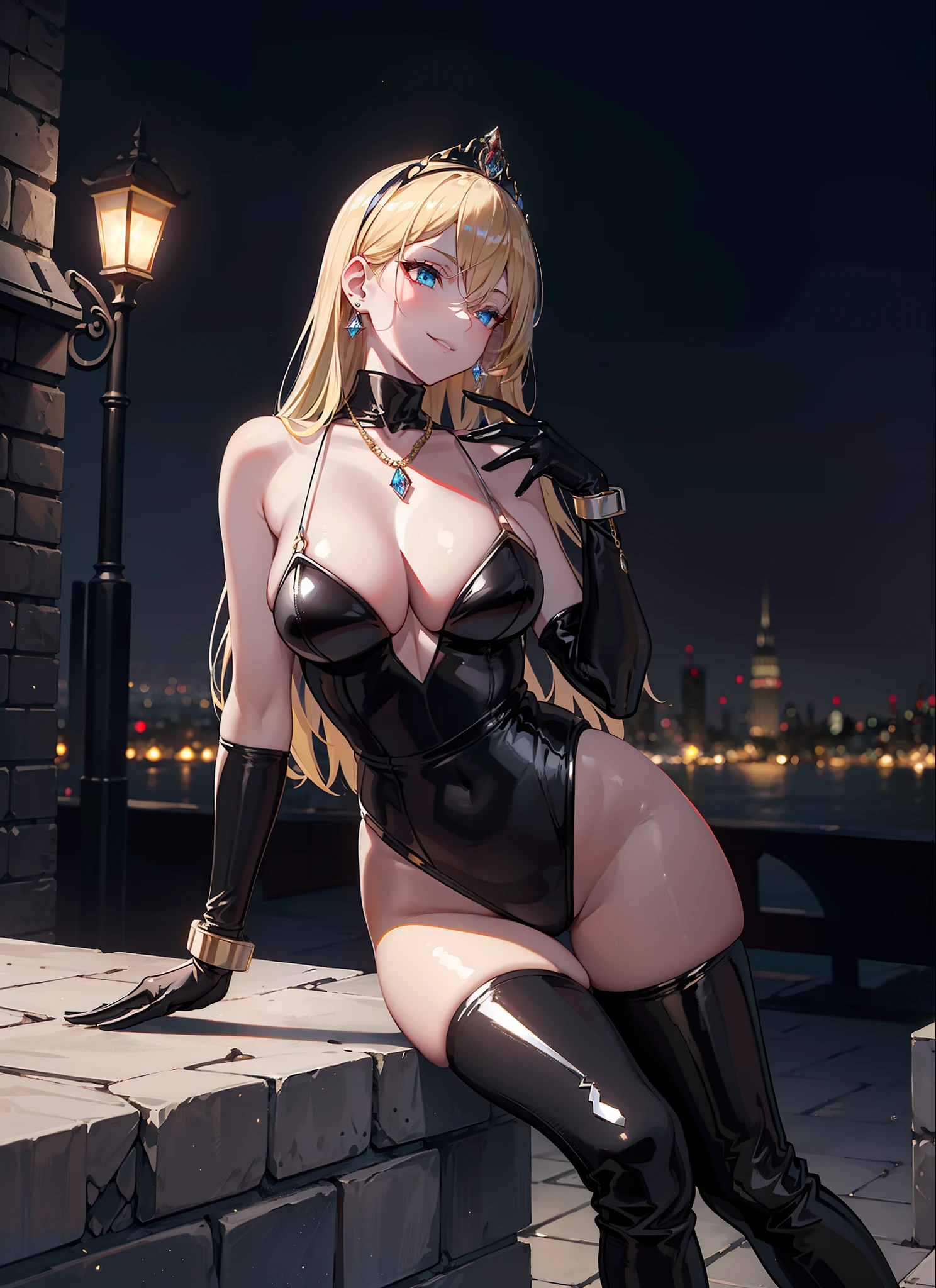 masterpiece,(bestquality),highlydetailed,ultra-detailed,pale,sexy, curvaceous figure, (blonde hair), alluring blue eyes, mischievous smile, (black leather catsuit), (mysterious mask), (glowing red heels), (dangling diamond earrings), (silk gloves), (luxurious jewelry), (nighttime), rooftop chase, stealthy movements, (gleaming silver lock-picking tools), (flickering streetlight), (city skyline), hidden in the shadows, (bright moonlight), (shimmering golden necklace), (diamond-encrusted tiara), (glistening silver handcuffs), (elaborate heist plan), (precision tools), (sleek and silent getaway car)