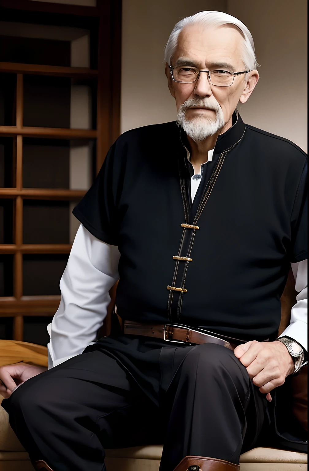 with a goatee,Old gentleman in black riding boots,Show off his boots,The light source is in the upper left corner。
