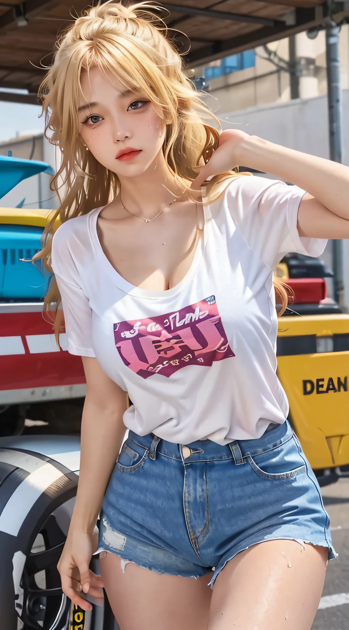 (1girl),large breasts, breasts, tan, dewy skin, sweaty skin, wavy blonde hair, punk tshirt, punk girl