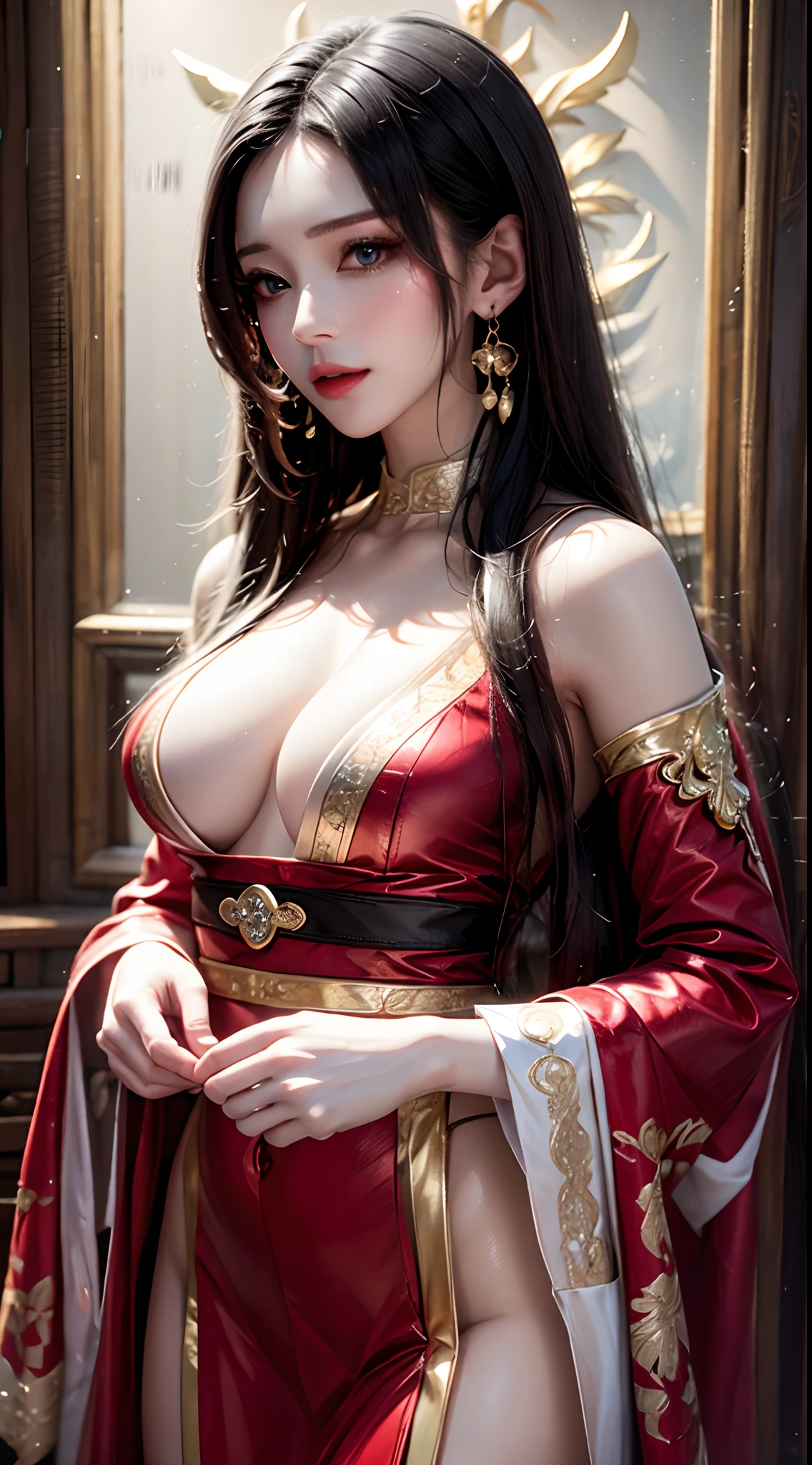 photorealistic, high resolution, 1women, mature female, solo, hips up, jewelry, hanfu, NVDI