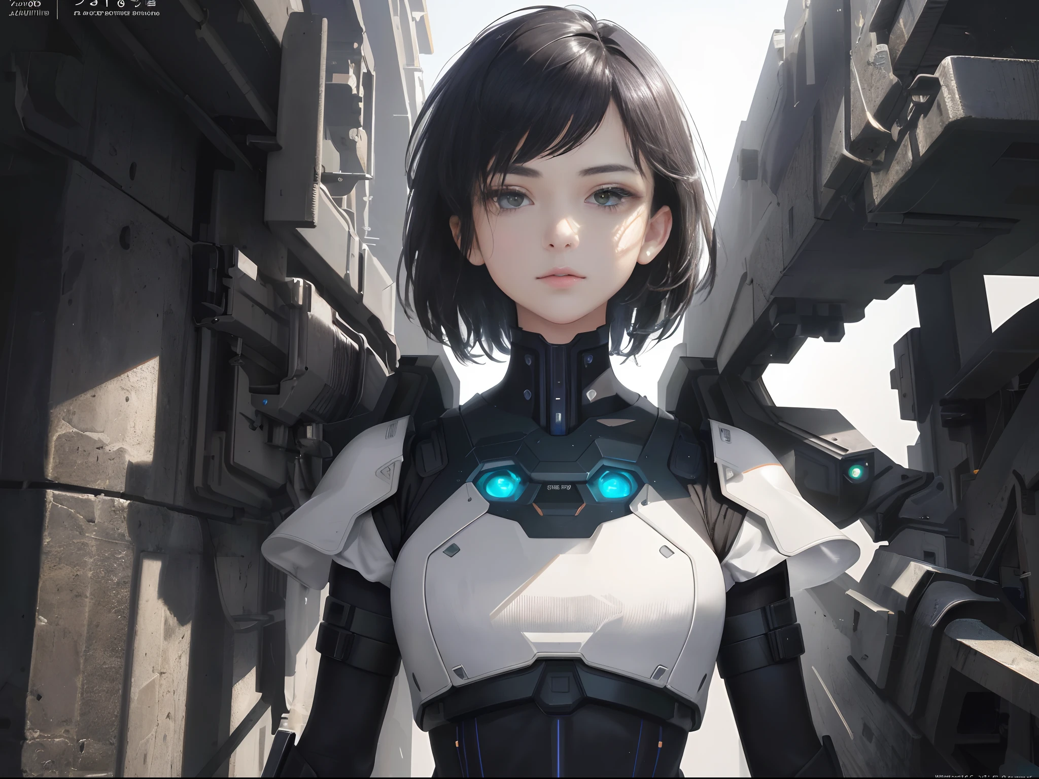 Masterpiece, Best Quality, Cinema, Official Art, Propaganda Art, Cinema Wallpapers, Very Detailed CG Unity 4k Wallpaper, Intricate Details, White Background, (Upper Body, Facial Focus, Facing the Camera, Front), Concept Art, Production Art, ( , Highres, (Realistic, Photo-realistic:1.2), Physically-based Rendering, machinery, reflection, realistic, cyberpunk, symmetric front view close up head shot eyes symmetry face very sharp focus realistic award winning matte drawing movie lighting 1 boy, (Illustration: 1.1), slim, fair skin, delicate face, silver armor, shine, tights, (short black hair), green eyes, battlefield, chip, shine, sword