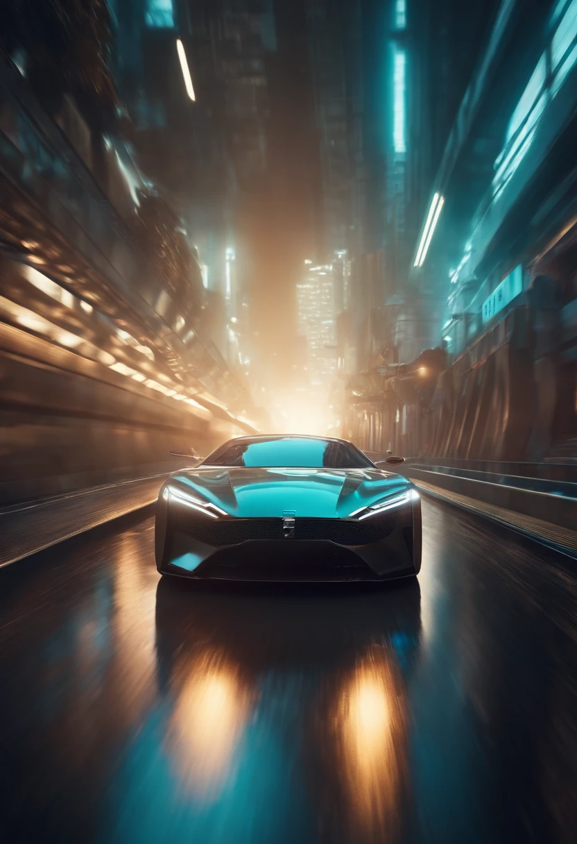 A cyberpunk car speeding through the future city entered the time and space tunnel, surrounded by light and shadow rays.