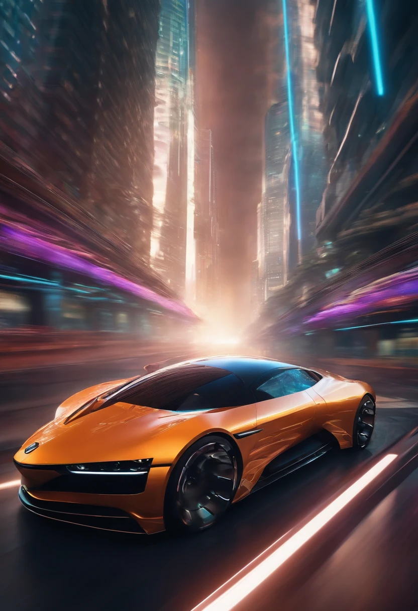 A cyberpunk car speeding through the future city entered the time and space tunnel, surrounded by light and shadow rays.