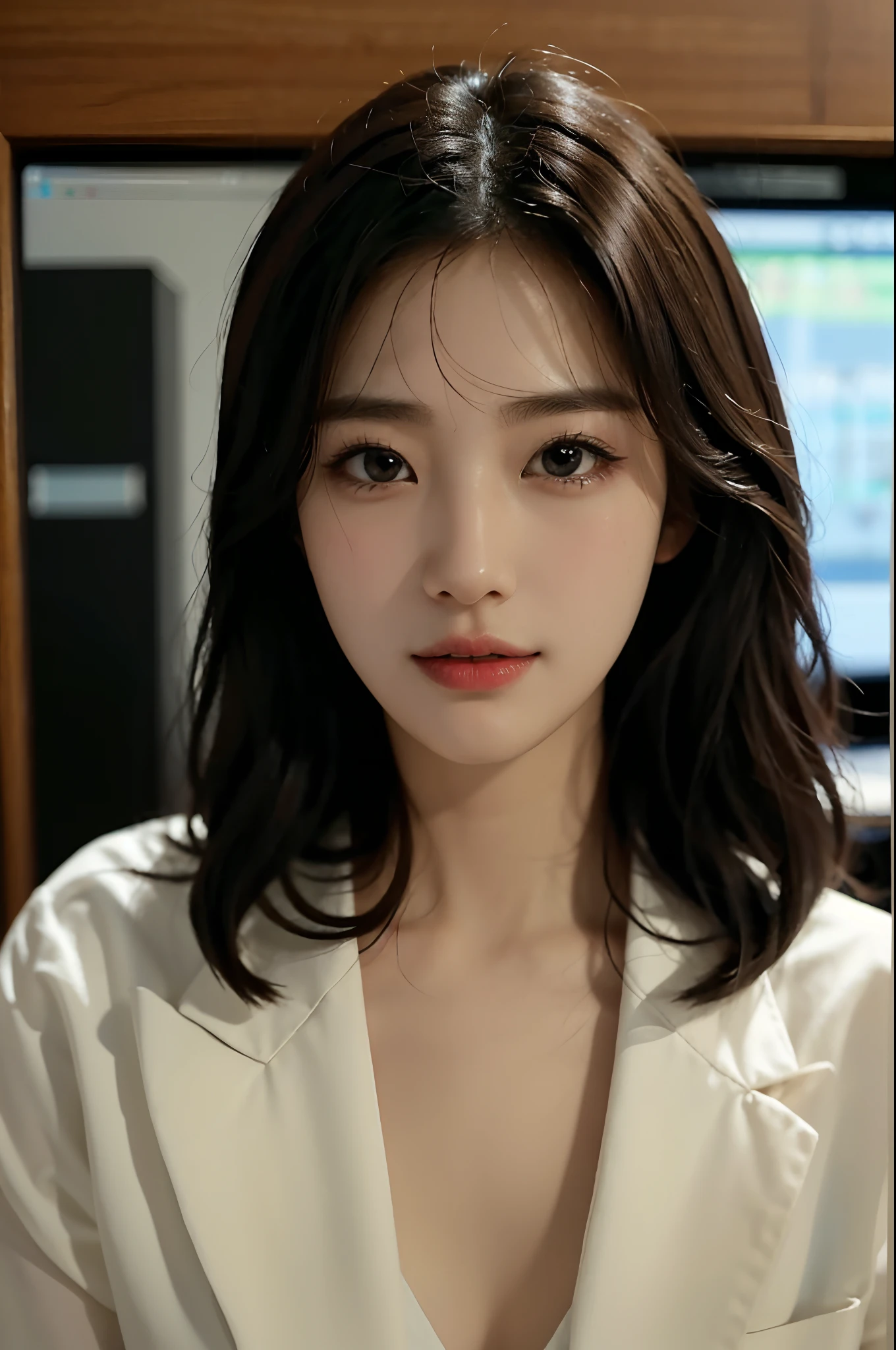 High-res, Realistic portrait of professional korean office lady with perfect skin，Professional suits，Women's suits，stand posture，The upper part of the body，Women in the workplace，Show confidence and maturity, Surrounded by a modern corporate environment, Vibrant and naturally lit highlights. The artwork should emphasize her elegant facial features, Including charming long eyes, Fluttering eyelashes and seductive lips. The scene should be enhanced with elements of professionalism and visual appeal，For example, Stylish work desk, Mainframe computers, High-resolution display, and complex stationery. The overall tone should be warm and professional, Has a soft and natural color palette. The artwork should exude a sense of professionalism, Success, and cultural pride，The background is blurred out