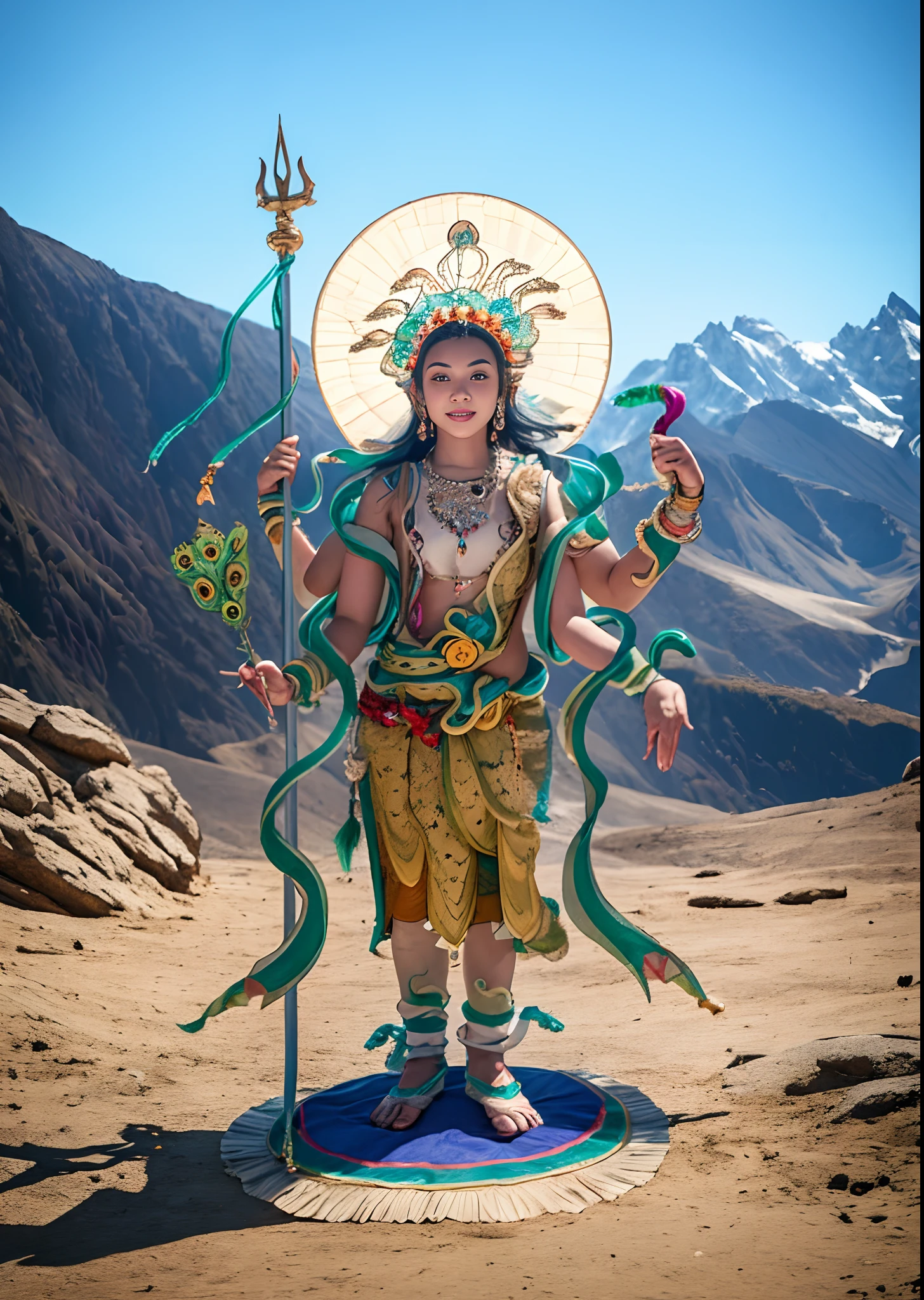 1girll，10 years old child，Stand in a valley full of mandala flowers，（（（Green skin））），Gem Necklace，Exquisite headdress，Long hair hanging down the shoulders，There are six snakes on top of their heads，Snake in hand，The body is decorated with snakes，Lightweight white tulle streamer，Four arms，A snake wrapped around his wrist，The ankles are wrapped around the snake，（The union of man and black snake），Solo, The waist is（（deerskin））, The upper body is covered（deerskin,） Holding a fan made of peacock essence in his hand， Trident weapons, Streamers，shaded_face, Pretty big breasts，Head background with round light，Alpine snow-capped mountains in the distance，Bright sky，Sunny picture，offcial art, (Extremely detailed Cg Unity 8K wallpaper), (Photorealistic:1.4), (Masterpiece), (Best quality:1.2)，Light and shadow tracking，Super HD