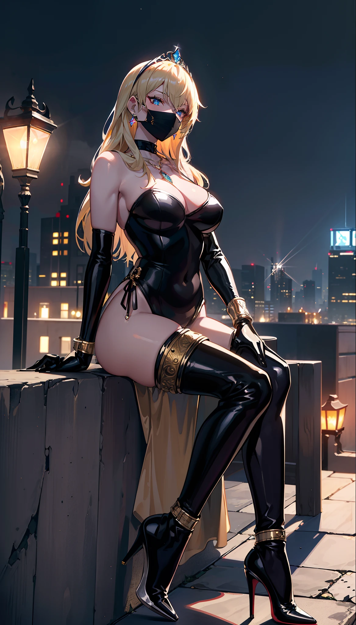 masterpiece,(bestquality),highlydetailed,ultra-detailed,pale,sexy, curvaceous figure, (blonde hair), alluring blue eyes, mischievous smile, (black leather catsuit), (mysterious mask), (glowing red heels), (dangling diamond earrings), (silk gloves), (luxurious jewelry), (nighttime), rooftop chase, stealthy movements, (gleaming silver lock-picking tools), (flickering streetlight), (city skyline), hidden in the shadows, (bright moonlight), (shimmering golden necklace), (diamond-encrusted tiara), (glistening silver handcuffs), (elaborate heist plan), (precision tools), (sleek and silent getaway car)