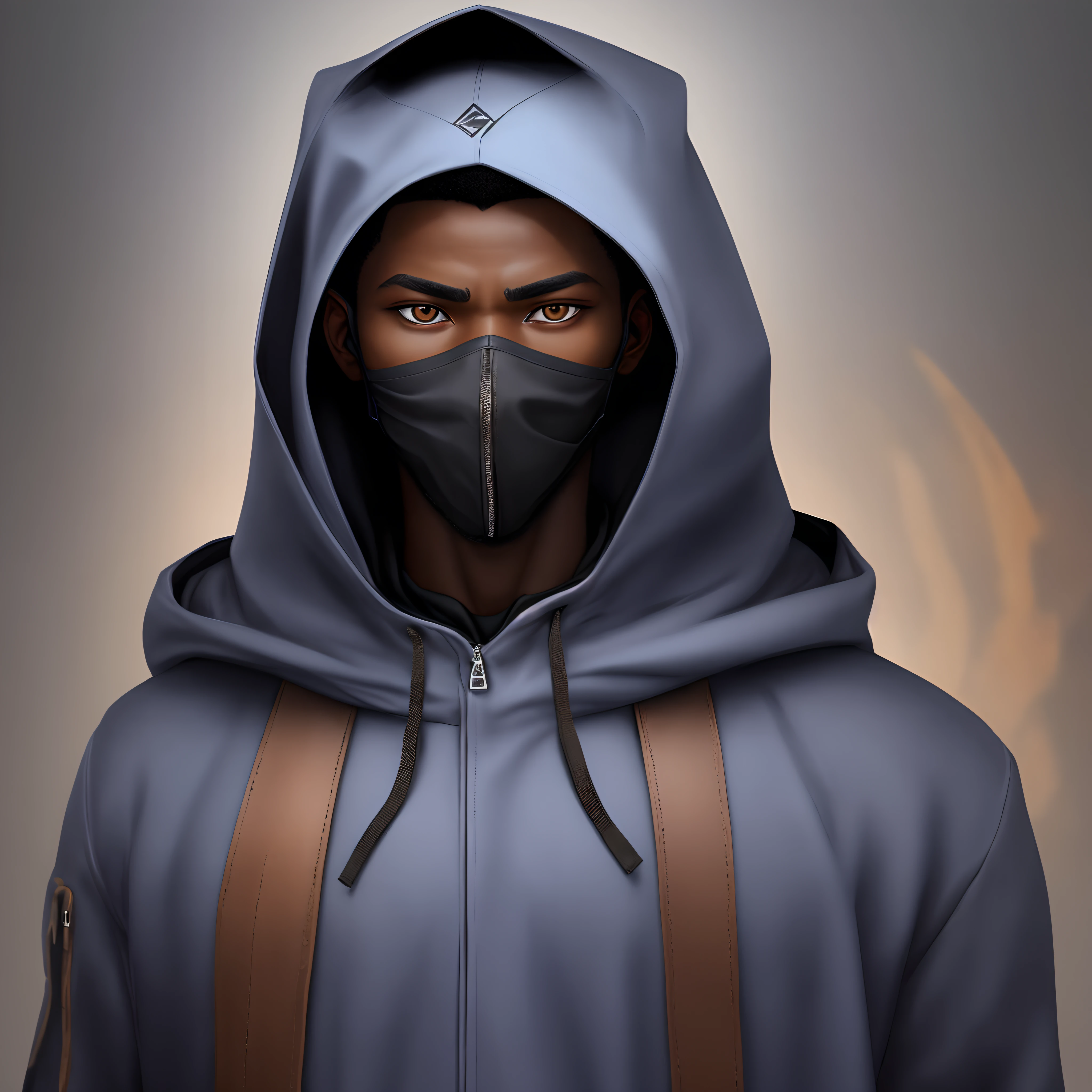 Mysterious avatar wearing a hood that fully covers the face and gives a mysterious look have is African and the colors of his coat is also African