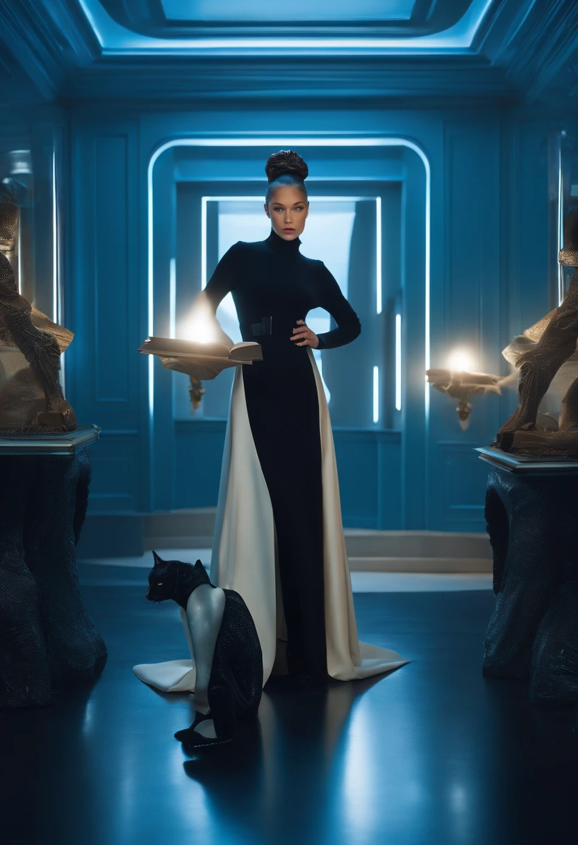 There is a woman standing in a blue room with a book, blue light, inspired by Ray Caesar, blueish lighting, blue lighting, Aura light blue, woman looks like Gigi Hadid and Bella Hadid, she is standing next to black panther, blue matrix light,, inspired by Chris LaBrooy, retrofuturistic female android, Dramatic blue lighting, android heroine, blue light, Biophilia mood. The woman is wearing black midi dress and blue boots on heels, her hair is in a sleek bun.