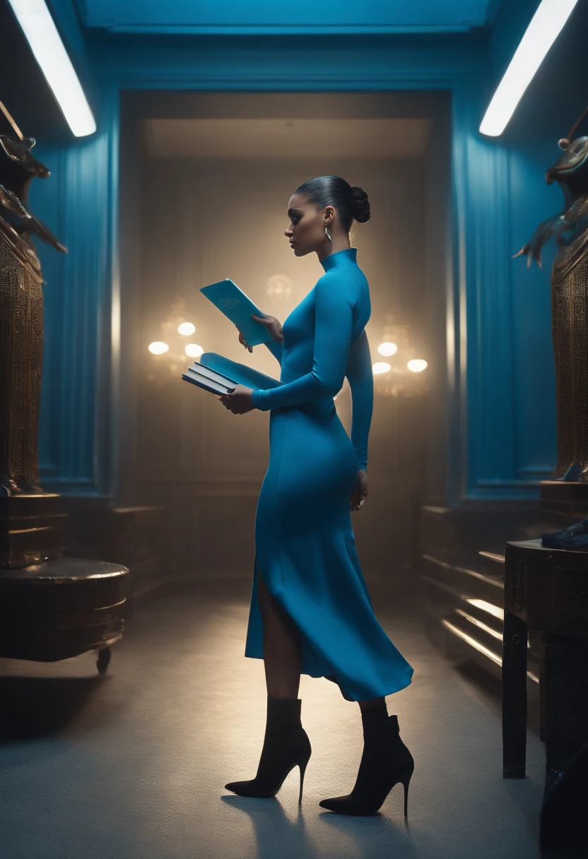There is a woman standing in a blue room with a book, blue light, inspired by Ray Caesar, blueish lighting, blue lighting, Aura light blue, woman looks like Gigi Hadid and Bella Hadid, she is standing next to black panther, blue matrix light,, inspired by Chris LaBrooy, retrofuturistic female android, Dramatic blue lighting, android heroine, blue light, Biophilia mood. The woman is wearing black midi dress and blue boots on heels, her hair is in a sleek bun.